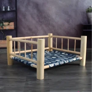 Cama de Madera con Tela y Baranda para Mascotas