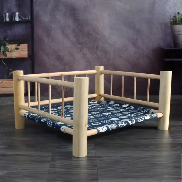 Cama de Madera con Tela y Baranda para Mascotas